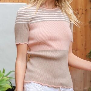 HEM & THREAD  Striped Colorblock Ribbed Short Sleeve Sweater Top
